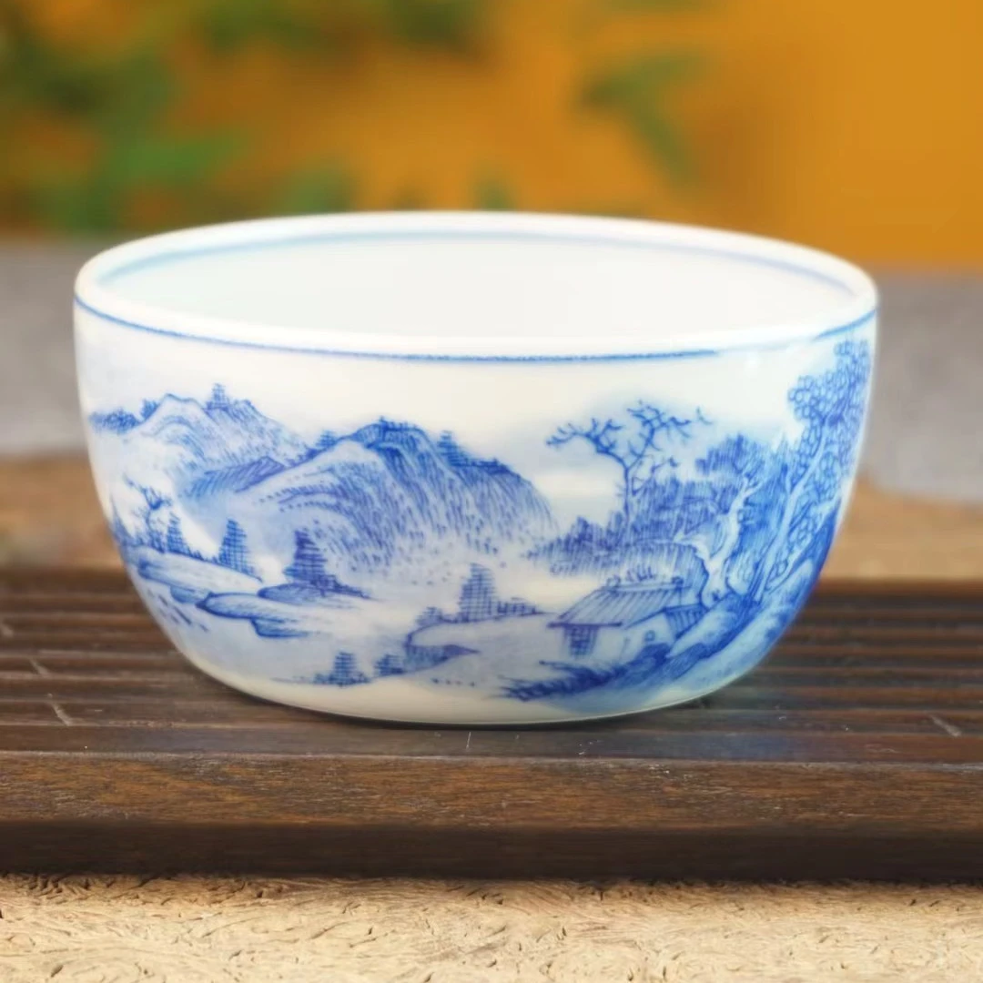 景德镇手工手绘青花瓷卧足主人杯纯手工山水杯普洱杯茶杯釉下彩