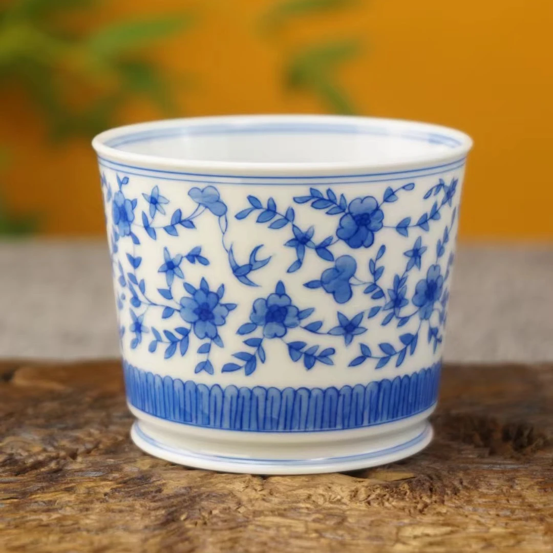 缠枝莲直身杯主人杯品茗杯景德镇青花手绘茶杯手工主人喝茶杯客杯