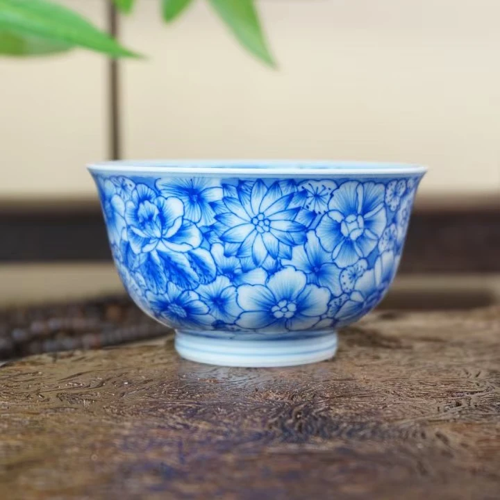 素锦山房100ml手绘青花瓷万花主人杯茶杯景德镇青花瓷自用品茗杯