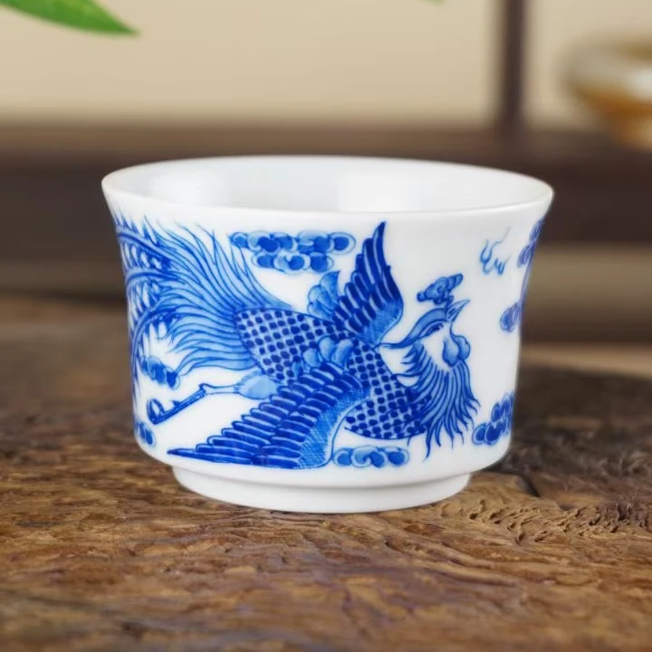 德物小雅手绘凤戏珠带内绘马蹄杯景德镇80ml容量龙纹陶瓷茶杯柴窑
