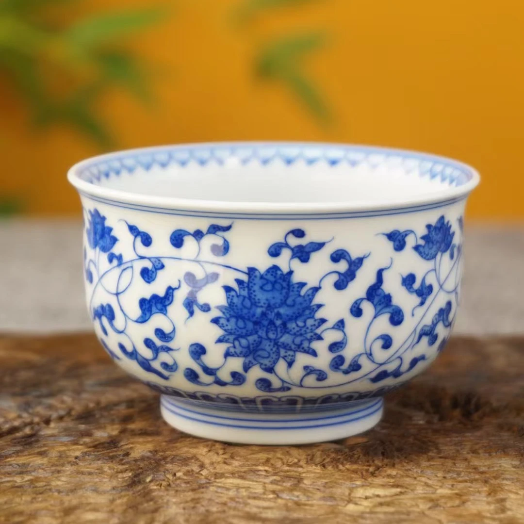 景德镇手绘主人杯青花缠枝莲炉式杯品茗杯功夫茶杯手工主人杯