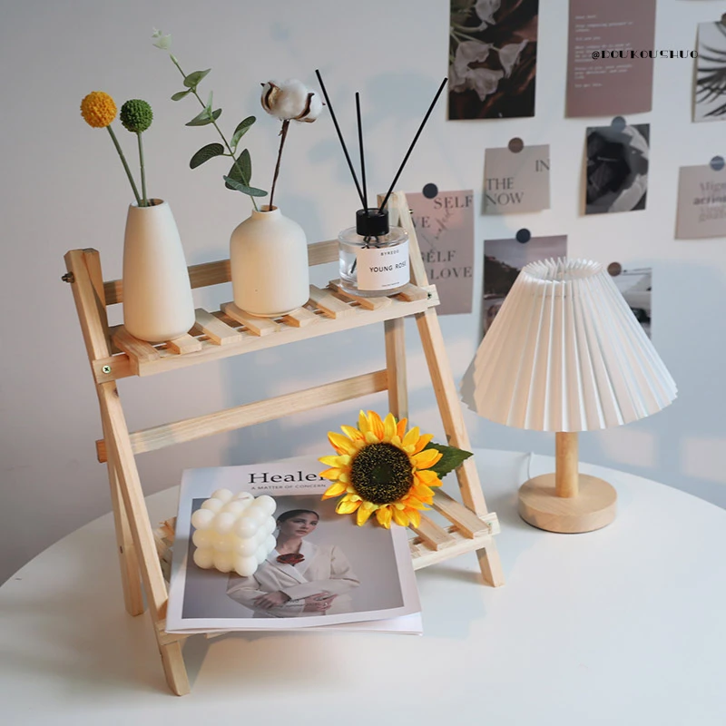 原木风拍照道具木质桌面置物架短视频拍摄装饰直播间氛围场景布置