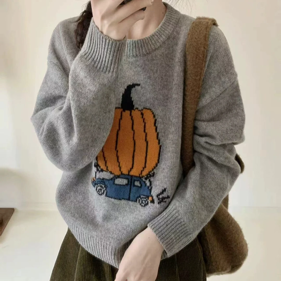 【大南瓜】2024新款时尚百搭宽松圆领卡通秋冬套头网红减龄加厚提花