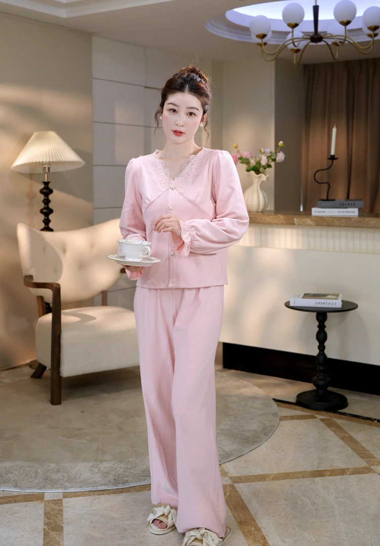 豆豆【初恋日记】 长袖棉绒蕾丝睡衣春秋显白透气睡衣套装女家居服