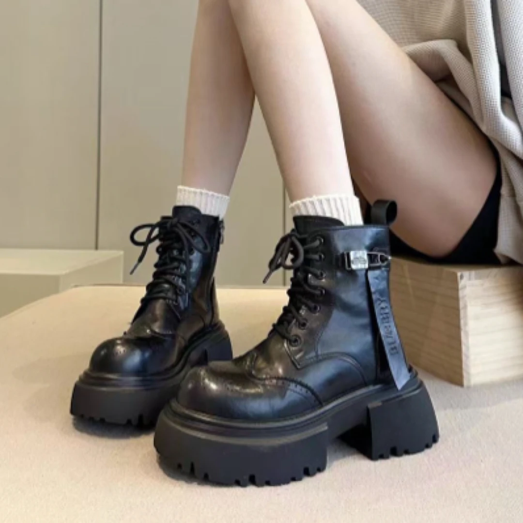 Leosoxs真皮厚底马丁靴休闲冬季加绒系带时尚秋季圆头高颜值小短