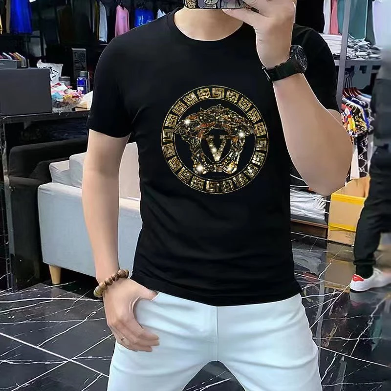 欧洲站烫钻精梳棉短袖t恤男潮牌修身2023年夏季男士半袖多色体恤