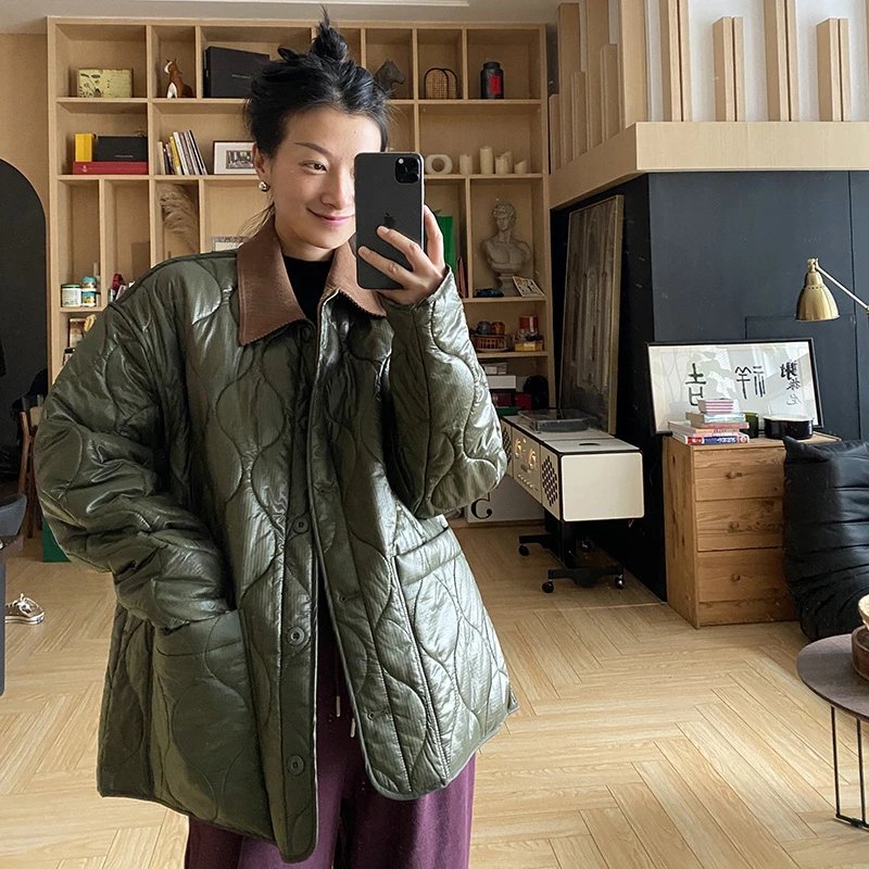 蓝豚豚 ins欧美宽松轻薄棉服外套 秋冬显瘦绗缝复古打底棉衬衣