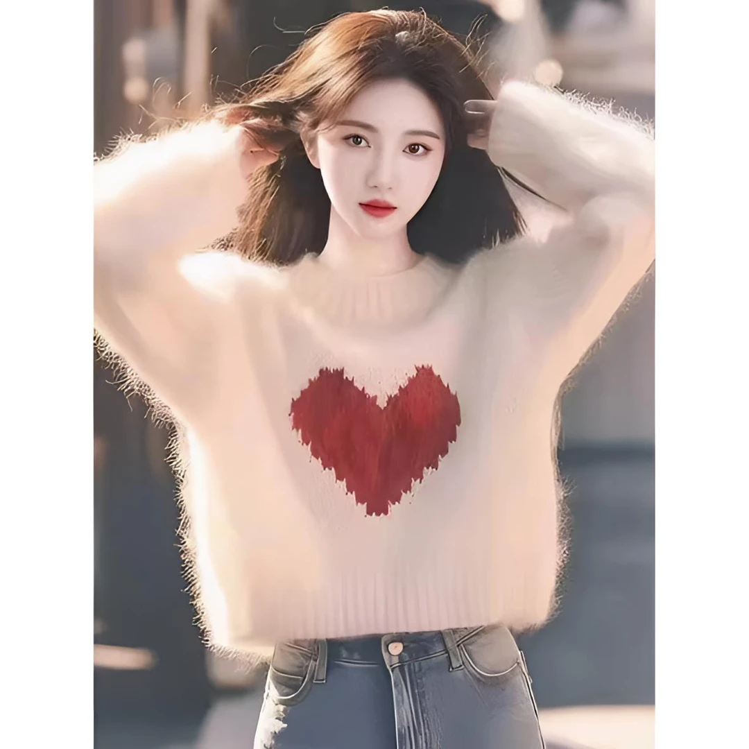 2025秋冬季新款爱心提花毛衣针织衫女慵懒风宽松休闲别致长袖上衣