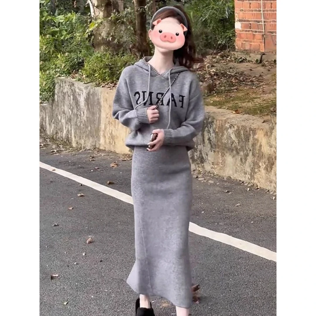 秋冬季新款韩系小香风高级感套装女连帽毛衣上衣包臀半身裙两件套
