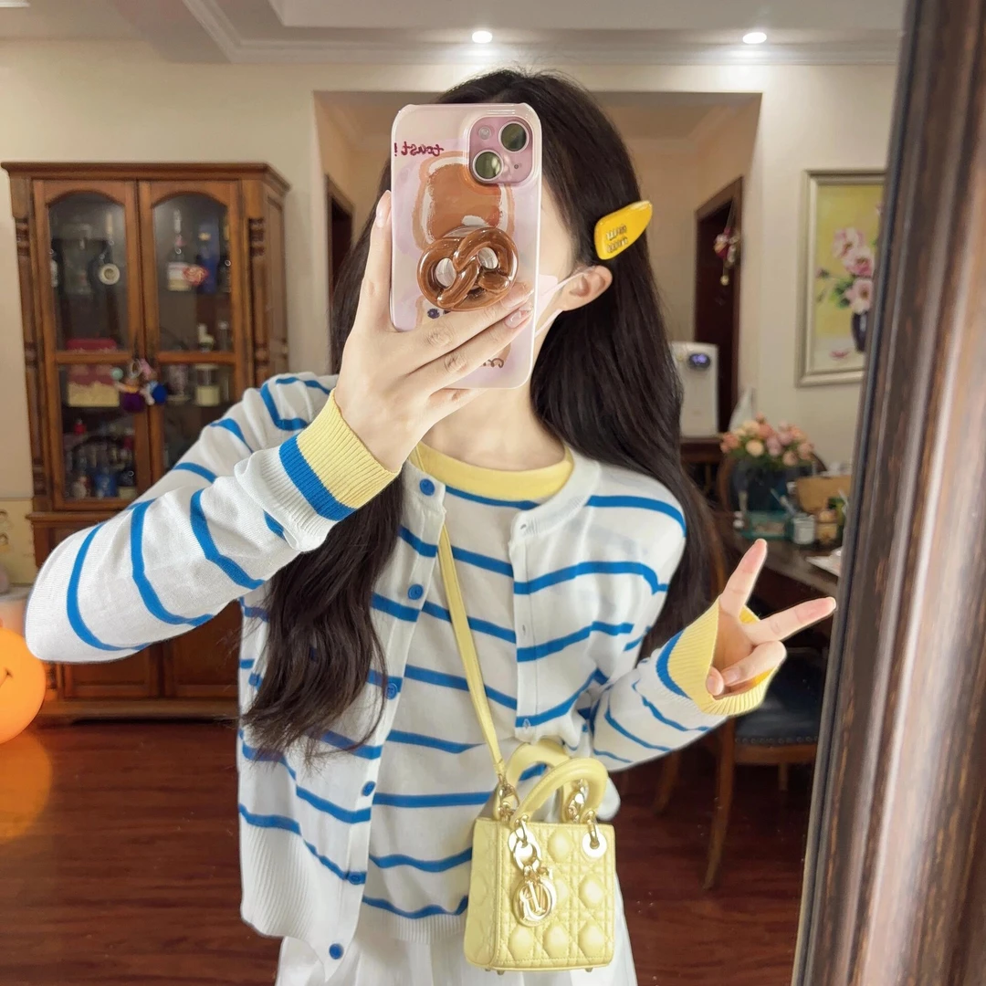 2025新款条纹套装女生韩系ins衣服气质时尚长袖针织开衫两件套女