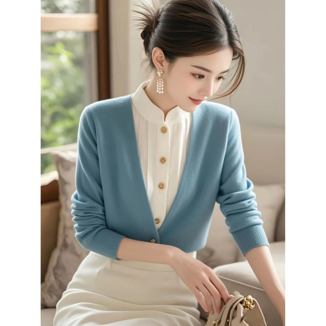 2025新款冬季假两件长袖毛衣女慵懒风气质时尚设计感针织开衫上衣