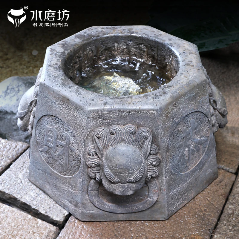 中式庭院假山流水景观鱼池花园布置创意石狮喷泉造景装饰水池摆件