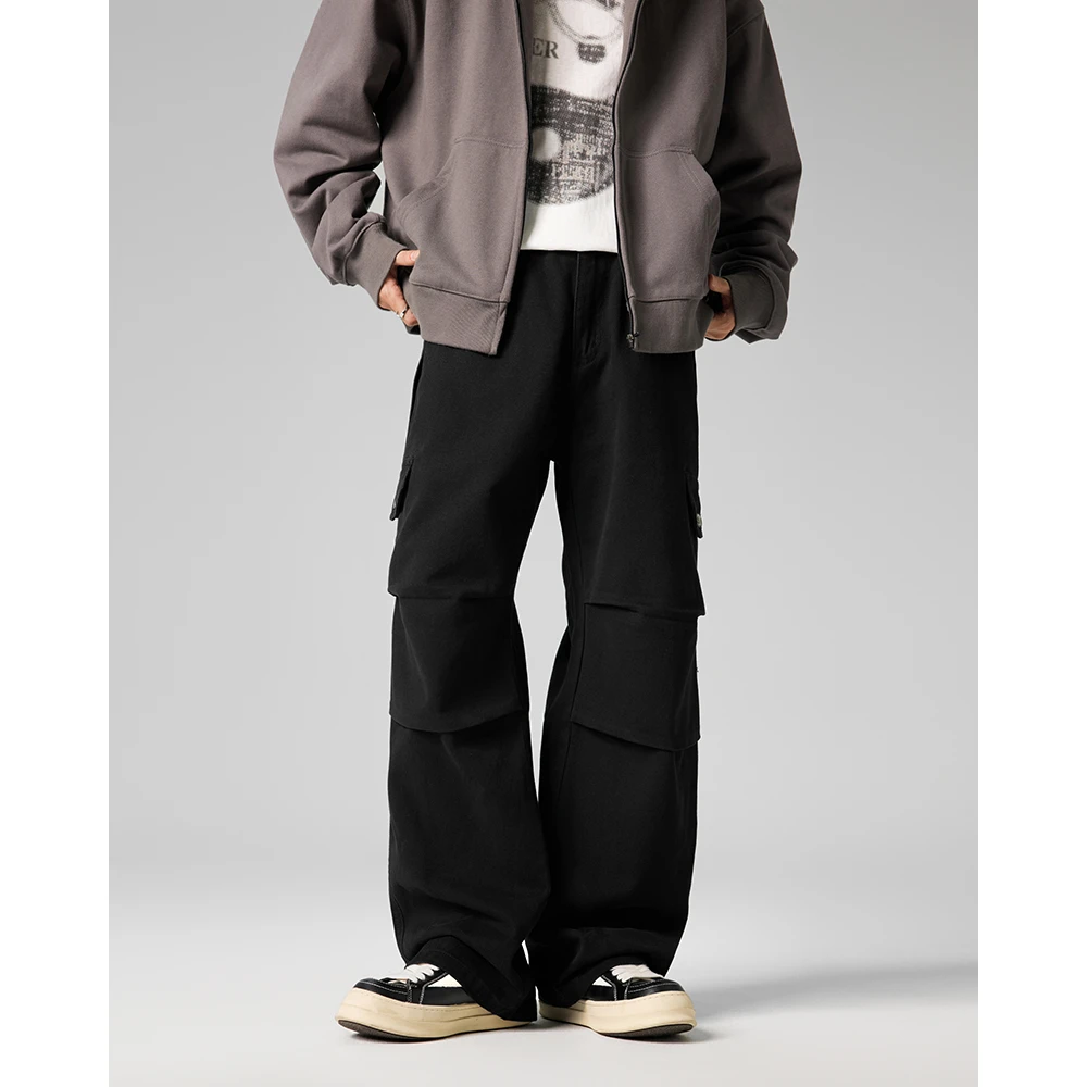 Kuvine春季新款美式潮牌伞兵裤褶皱设计水洗休闲裤男宽松阔腿长裤