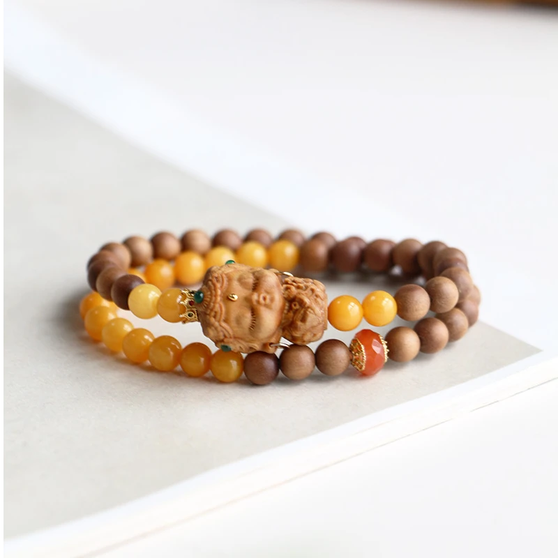 印度老山檀香黑肉老料度母配鸡油黄蜜蜡双圈手串0.6cm