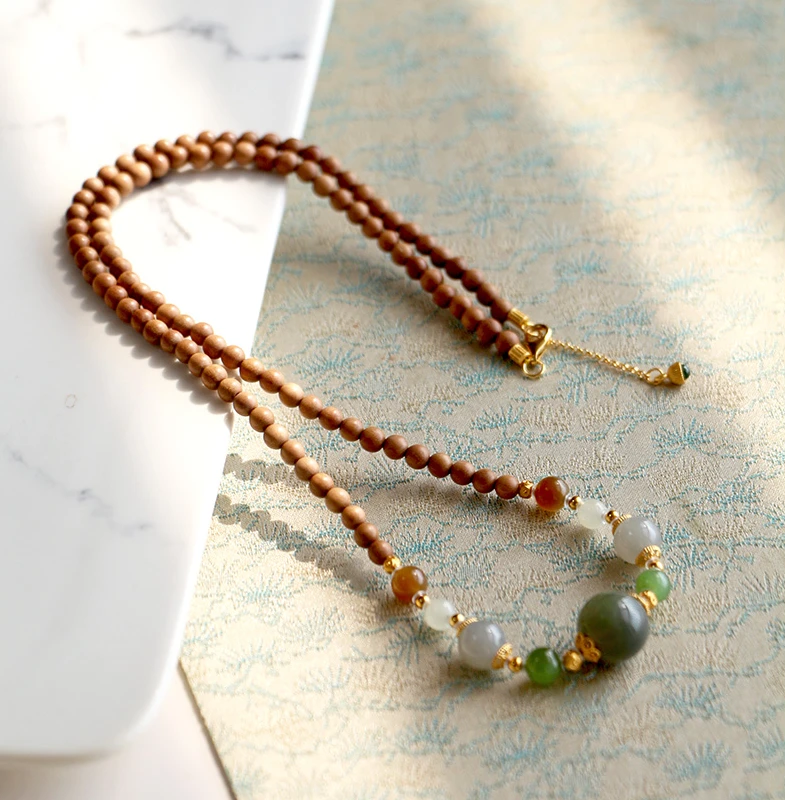 【远山黛】印度老山檀香配和田玉三圈手串项链