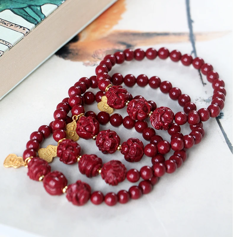 含辰砂工艺品生肖三合朱砂单圈手串1.0cm