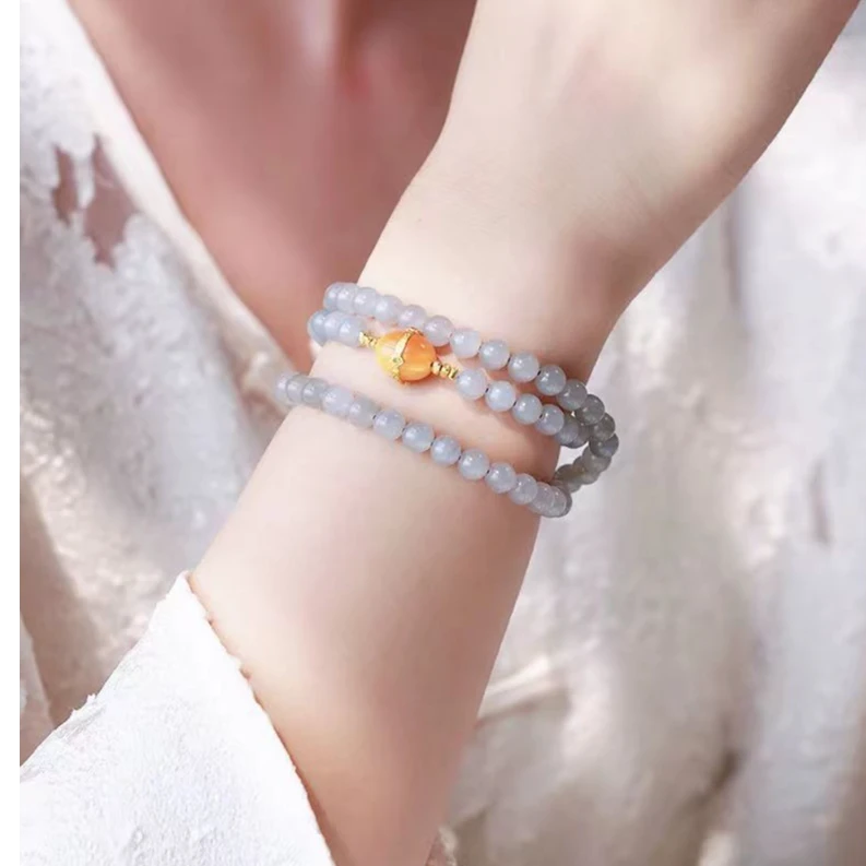 【如梦令】烟紫和田玉配鸡油黄蜜蜡项链 卡6mm 周长42cm