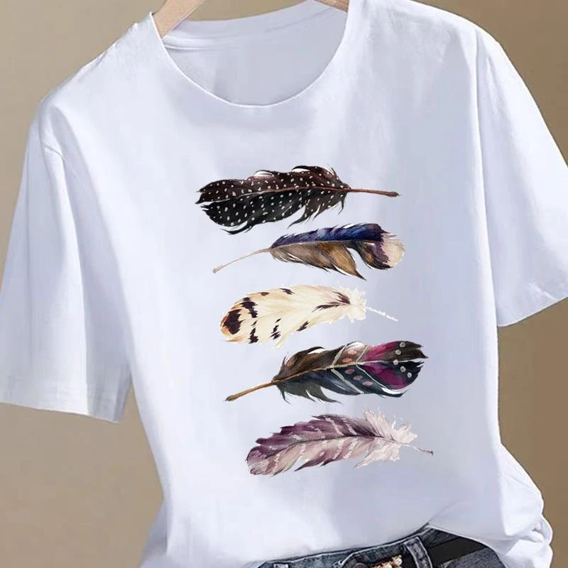女通勤短袖印花羽毛复古上衣韩版时尚ins个性休闲流行印花圆领T恤