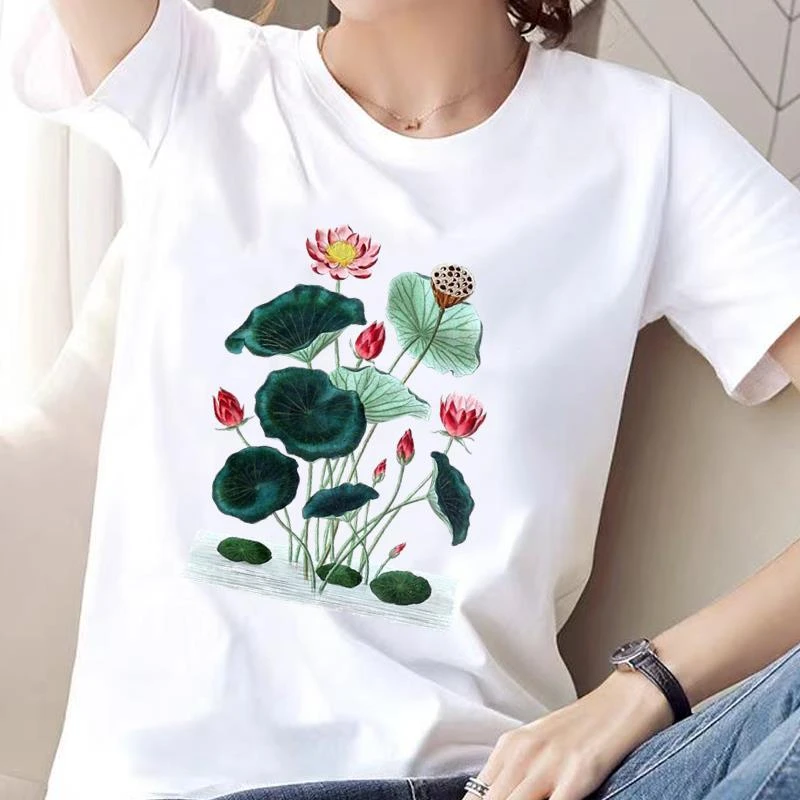 荷花爆款女通勤短袖印花上衣韩版时尚ins个性休闲流行印花圆领T恤