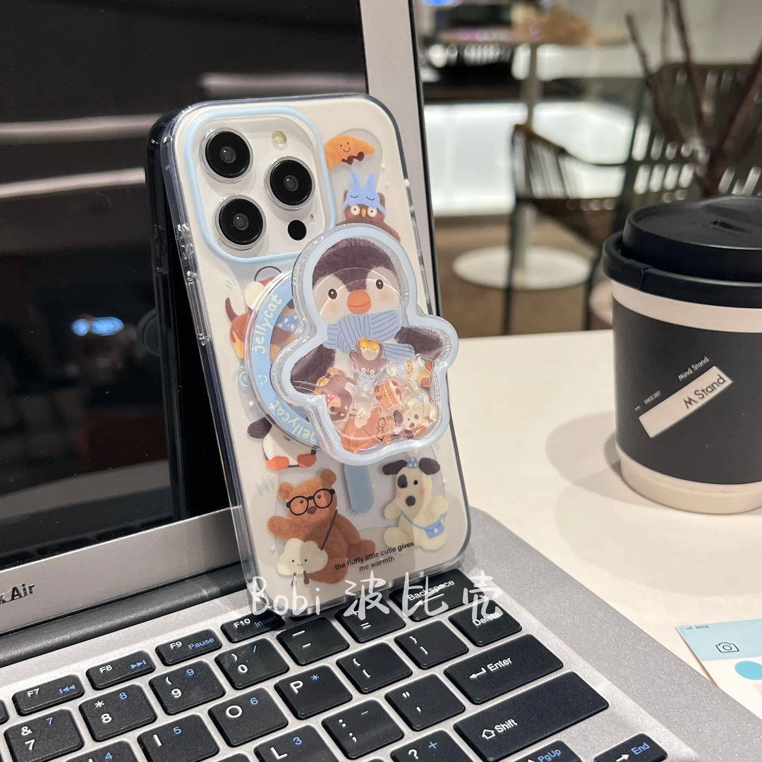 冬日可爱小动物围巾企鹅摇摇乐双层支架适用于苹果手机壳iphone16