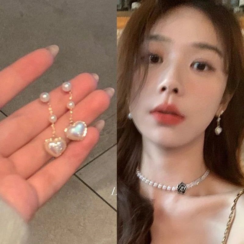 合金耳饰 珠珠爱心流苏耳环女耳钉小众设计感高级气质秋季轻奢简