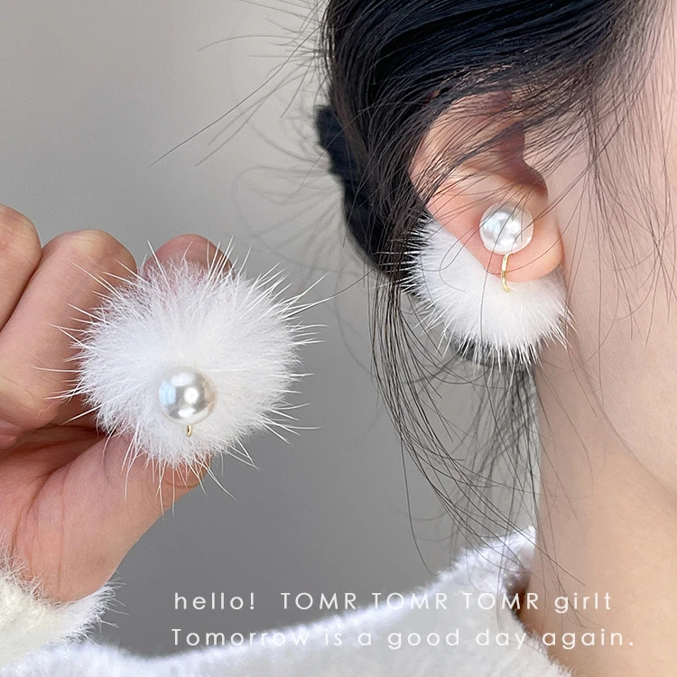 秋冬款水貂毛茸茸圣诞节耳夹无耳洞蚊香盘耳夹圆珠耳饰