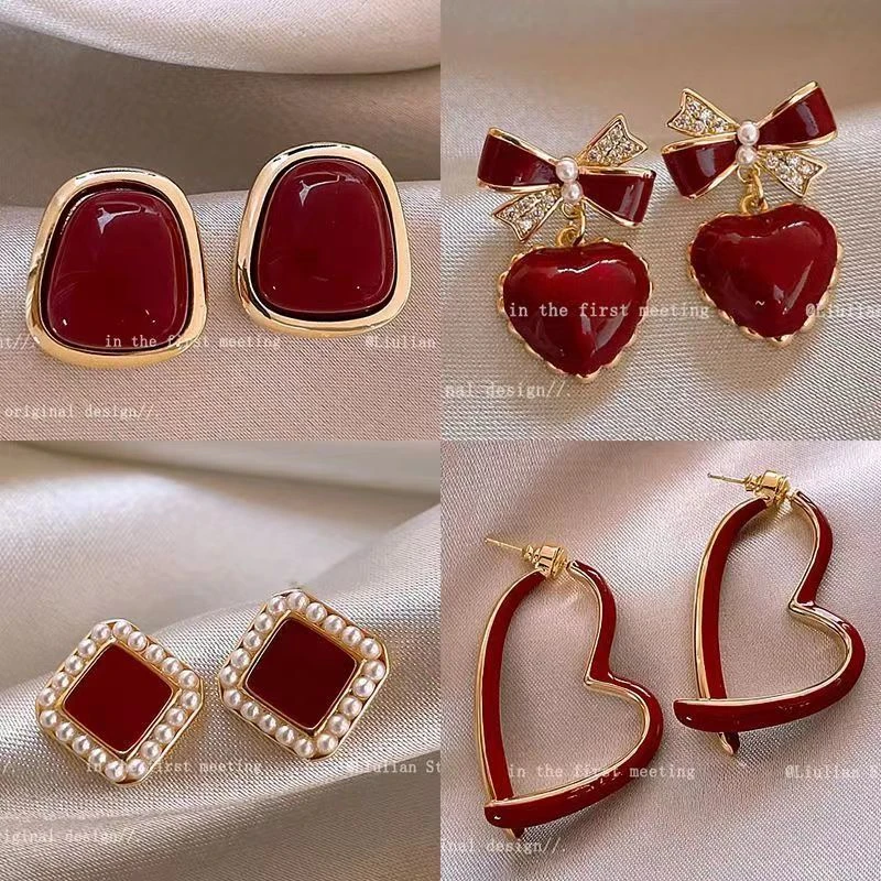 合金耳饰 红色复古滴油耳环女高级感气质2024新款爆款耳钉新年