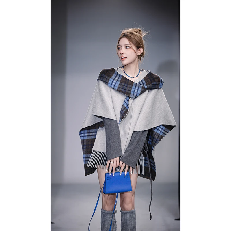【花粉专享】流苏下摆格子内衬双面呢斗篷防风御寒宽松风衣外套