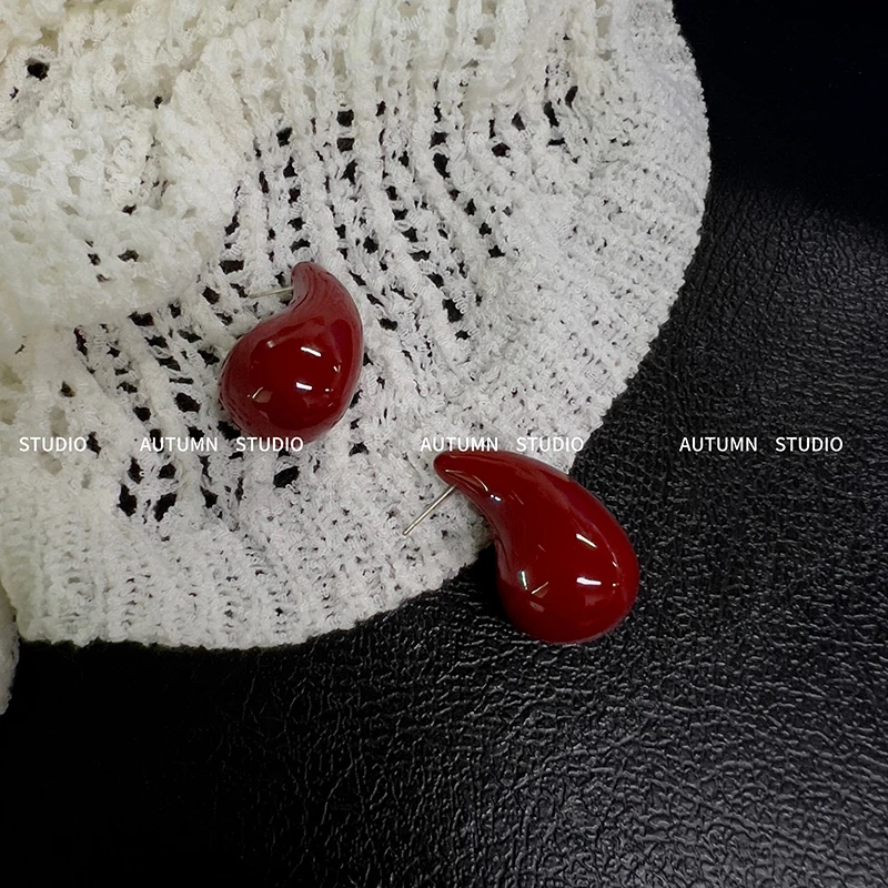 合金耳饰 【花粉饰品】复古设计感酒红色夸张大水滴髙级气质耳钉