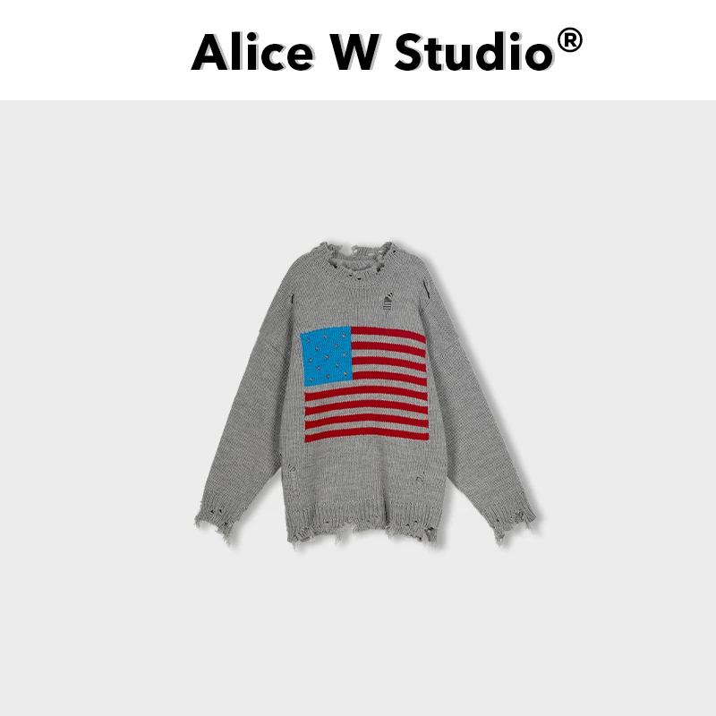 【花粉专享】美式复古套头圆领破洞针织衫宽松大版慵懒风毛衣