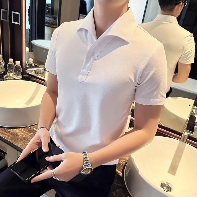男士polo衫短袖一字古巴v领百搭纯色薄款韩版修身时尚半袖痞帅t恤