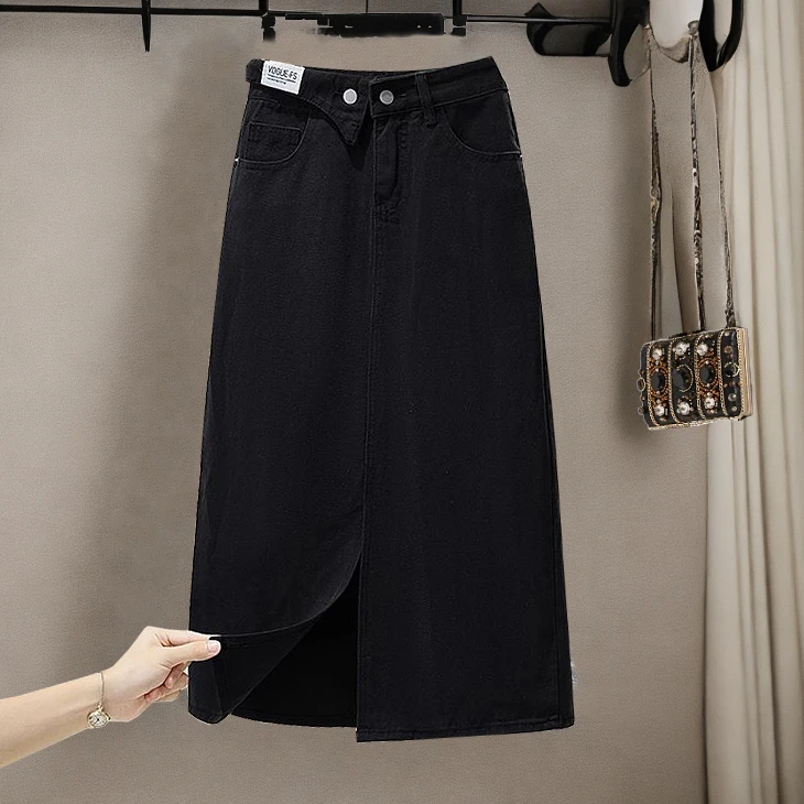 胖妹妹大码女装黑色紧身包臀裙微胖女人牛仔半身裙开叉中长款裙子