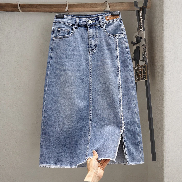 胖妹妹大码女装牛仔包臀裙微胖女人开叉遮肚子显瘦半身裙松紧裙子