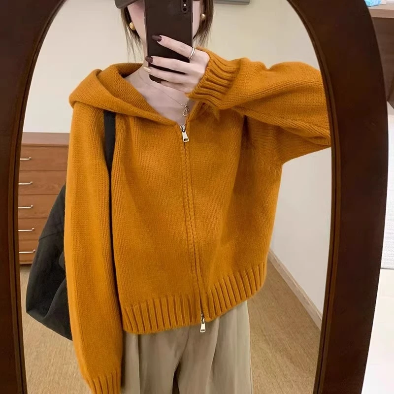 橘色连帽拉链加厚开衫毛衣外套女秋冬超好看韩系慵懒风针织衫上衣