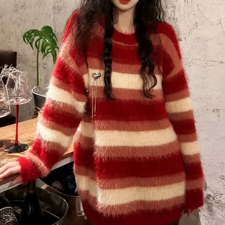 秋冬新款红色条纹软糯仿水貂绒毛套头毛衣女宽松慵懒针织衫上衣