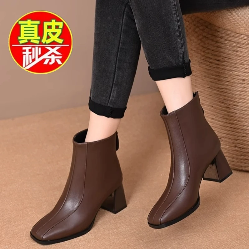 法式复古真皮后拉链高跟短靴女2024新款秋冬单靴粗跟方头瘦瘦靴子