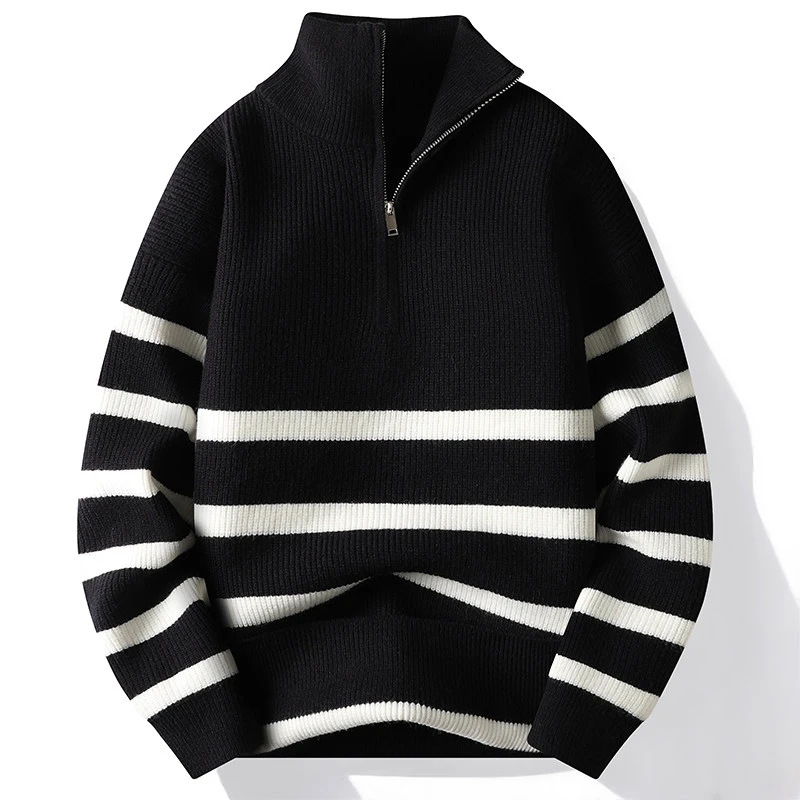 男士冬季高质感横条纹简约立领毛衣潮流宽松男女同款毛衣长袖时尚