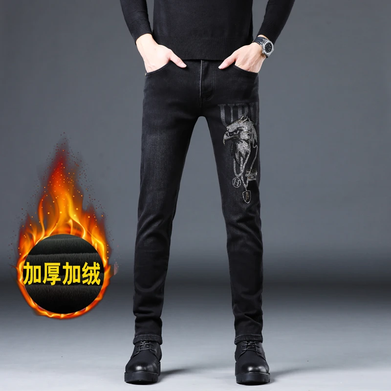 【娇娇轻奢】实拍 欧货潮流烫钻小脚牛仔裤加绒款男士弹力加厚修身