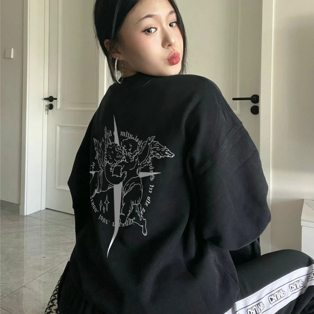 ATZA美式hiphop潮牌字母印花黑色oversize圆领卫衣新款女秋冬季