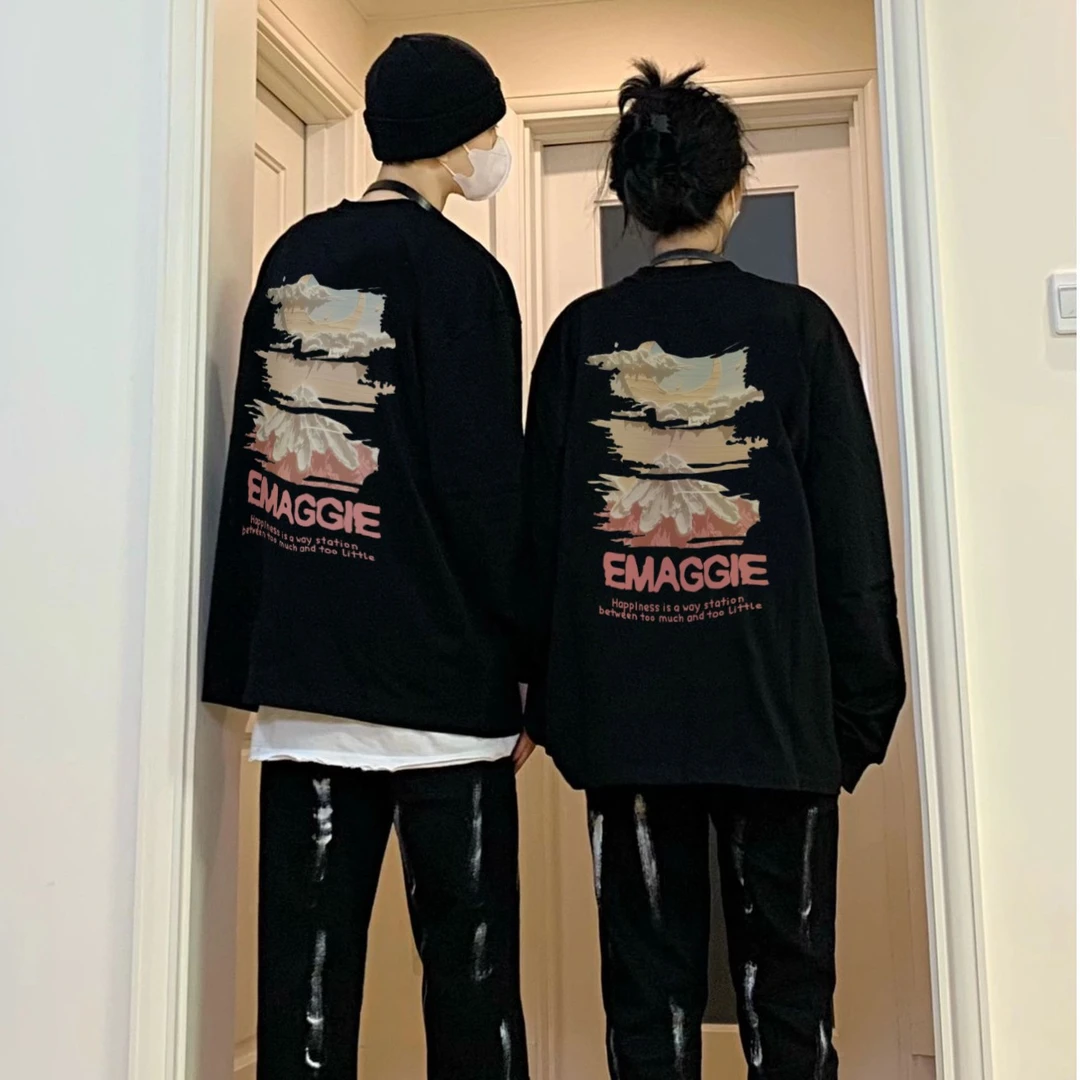 ATZA日系宽松设计山峰印花连帽卫衣男女秋季百搭ins港风情侣卫衣