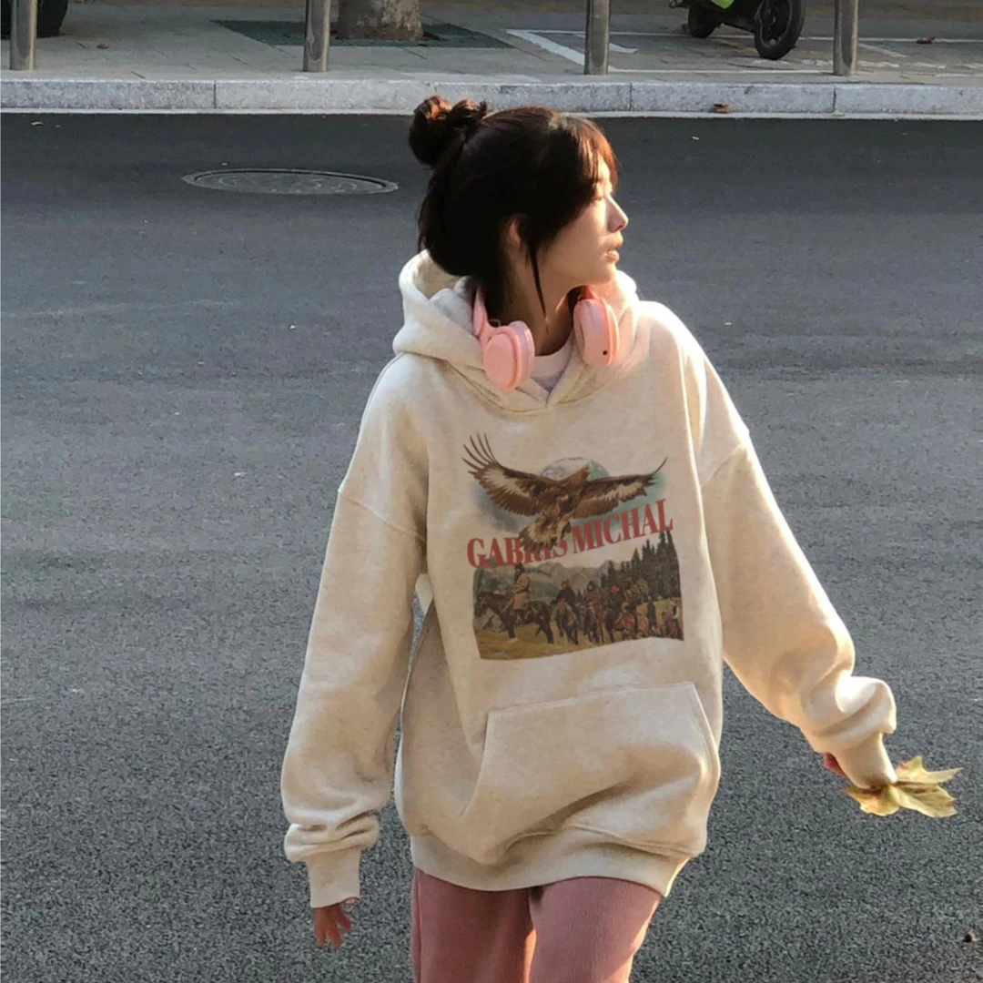 ATZA美式复古风宽松外套女生2023秋冬季新款百搭别致独特连帽卫衣