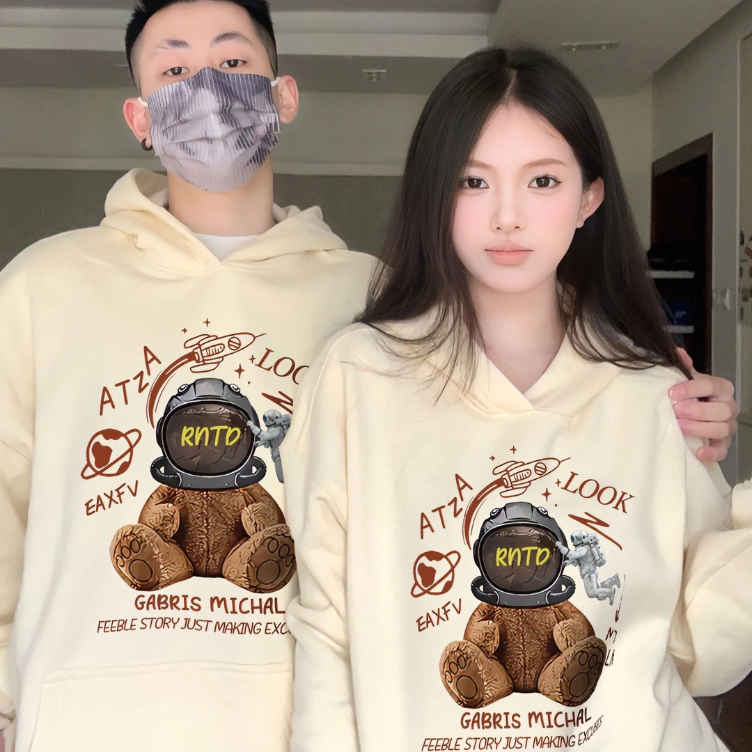 ATZA甜美情侣装连帽卫衣女外套秋冬设计感小众百搭慵懒风宽松上衣