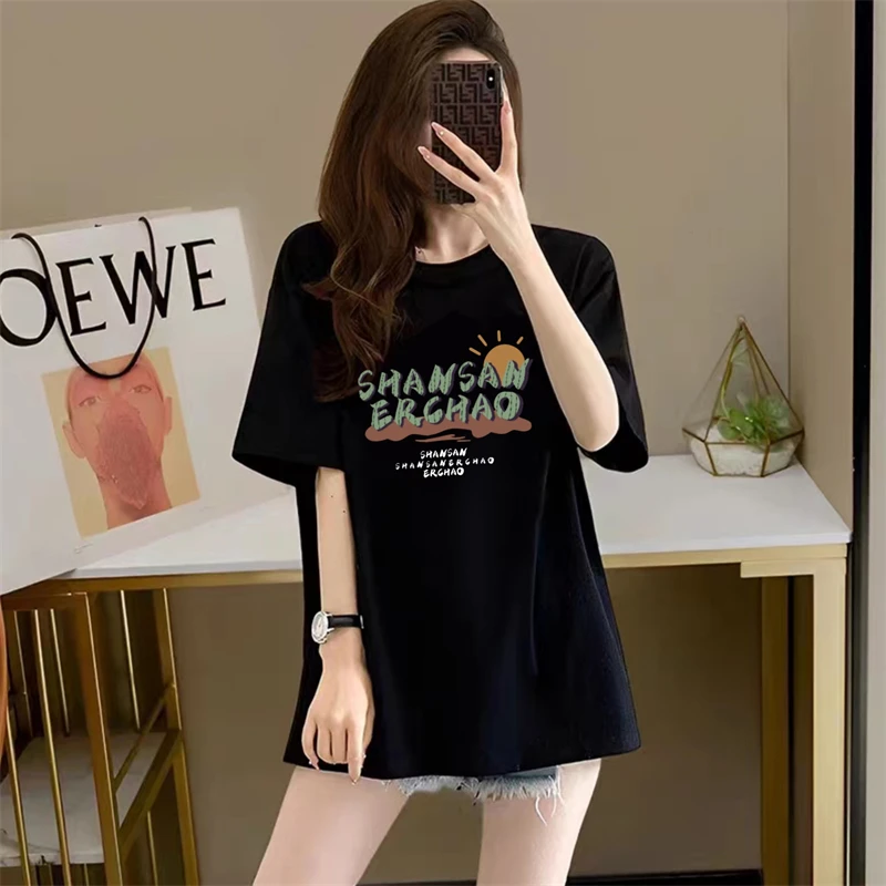 欧货纯棉字母印花短袖t恤2025夏新款宽松显瘦黑色中长款大码女装