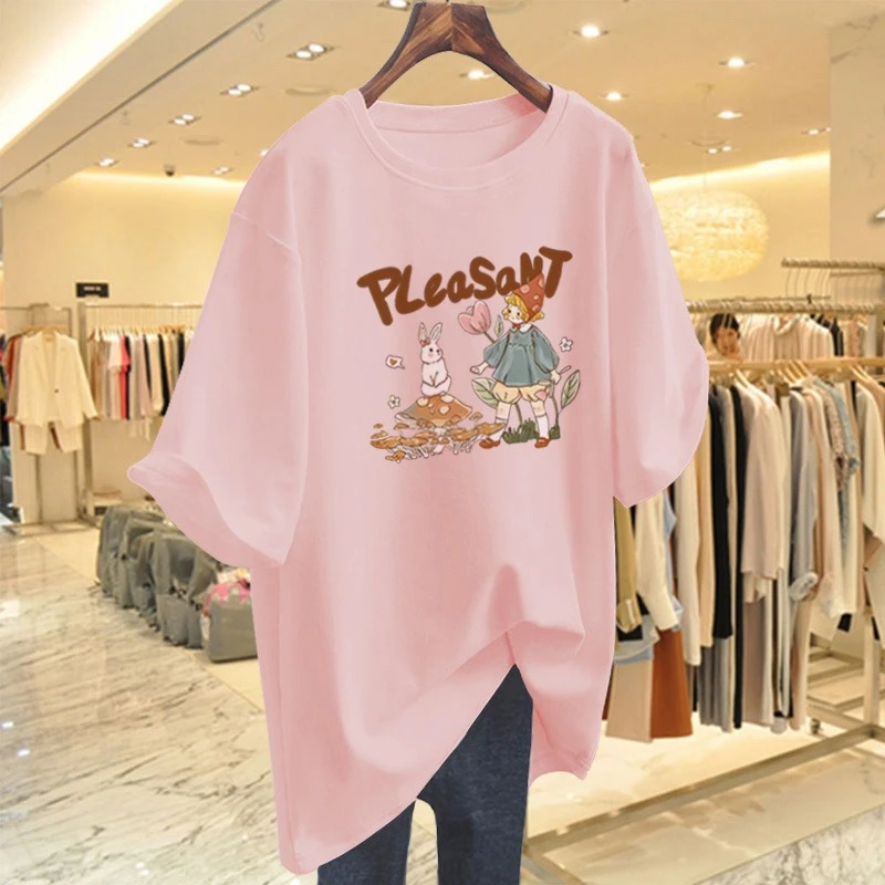 2024夏季新款纯棉短袖T恤女宽松中长款时尚百搭洋气体恤上衣ins潮