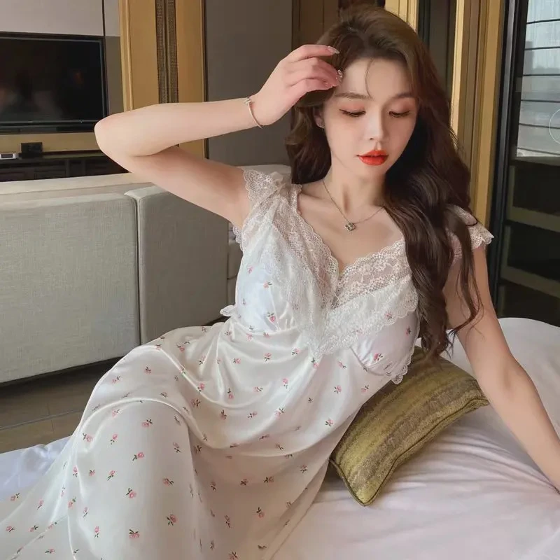 【香槟小花】夏天冰丝性感睡裙带胸垫薄款蕾丝家居服女纯欲显瘦长裙