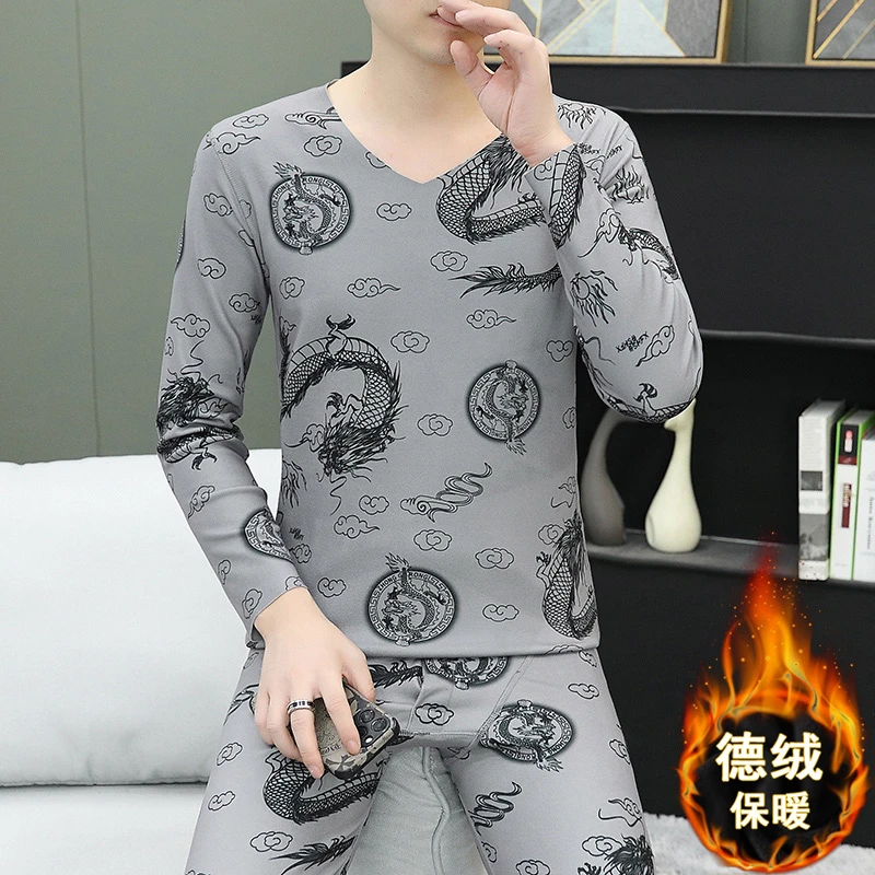 男士秋冬季新款印花保暖内衣套装休闲简约V领无痕秋衣秋裤两件套