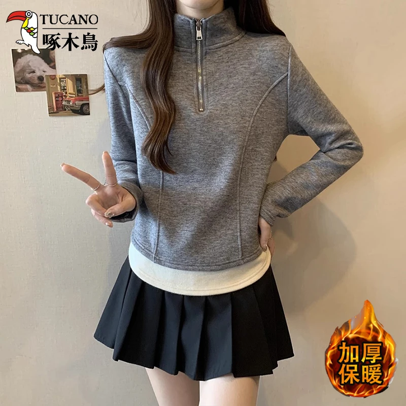 啄木鸟冬季新款德绒立领假两件长袖卫衣时尚百搭上衣女设计感减龄