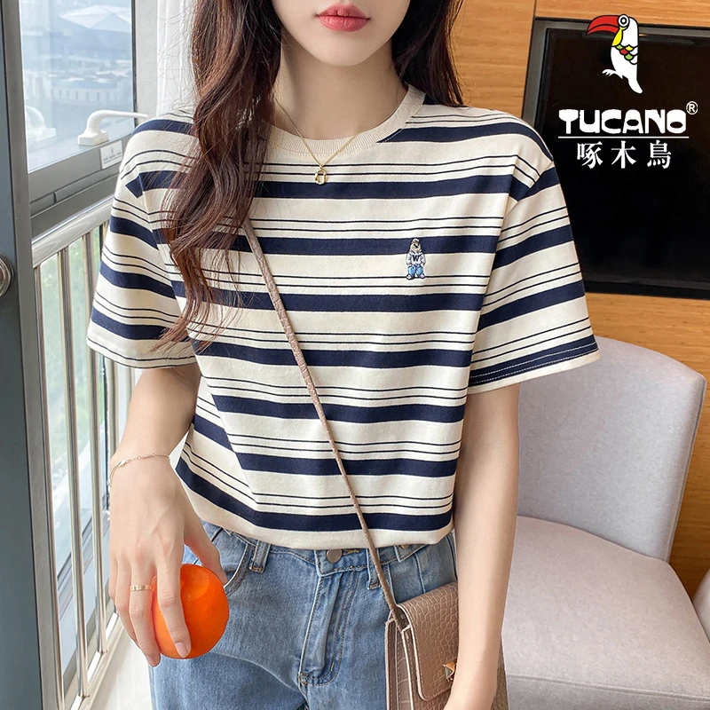 啄木鸟条纹T恤女宽松版上衣女夏季女装夏装显瘦百搭短袖t恤女圆领