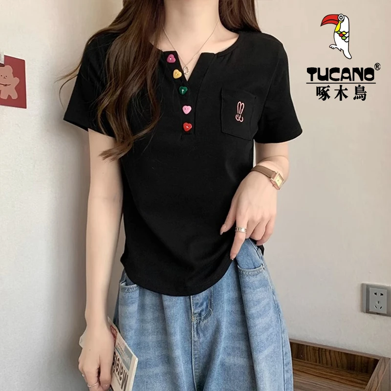 啄木鸟高档女士T恤显瘦遮肚子上衣女夏季女装短袖t恤女设计感小众