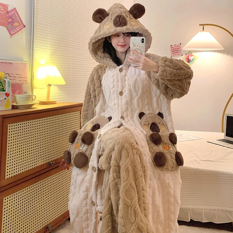 保暖搭子珊瑚绒连帽睡袍女士春秋冬季加绒加厚保暖睡衣家居服套装